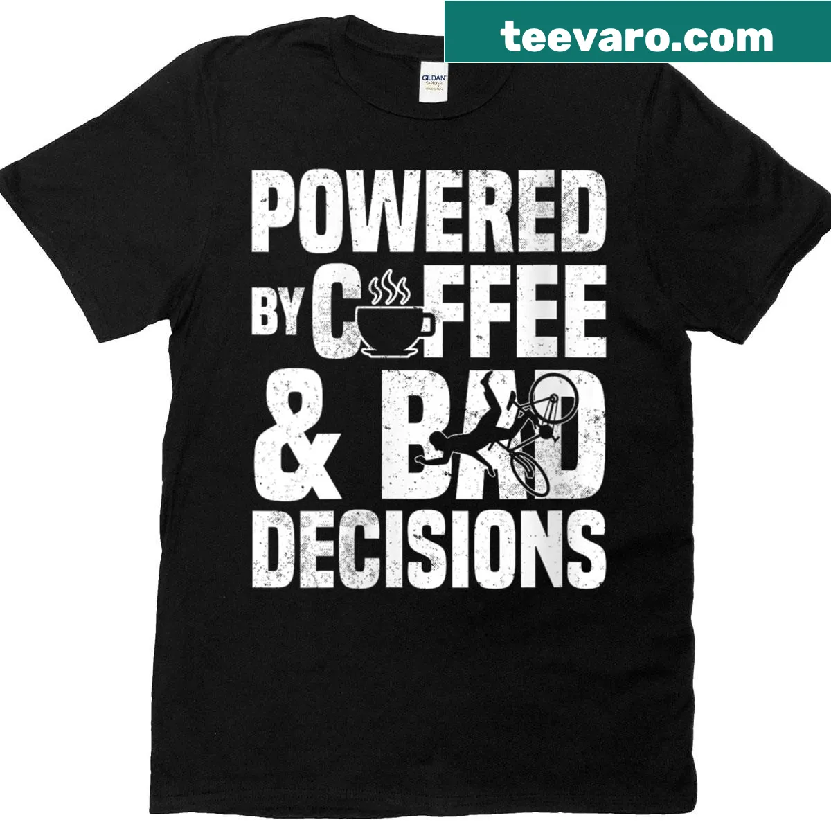 Funny bike lover shirt with coffee and bad decisions text — on a men's t-shirt