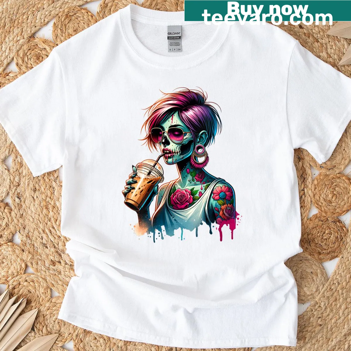 Tattooed zombie girl graphic drinking iced coffee — on a men's t-shirt