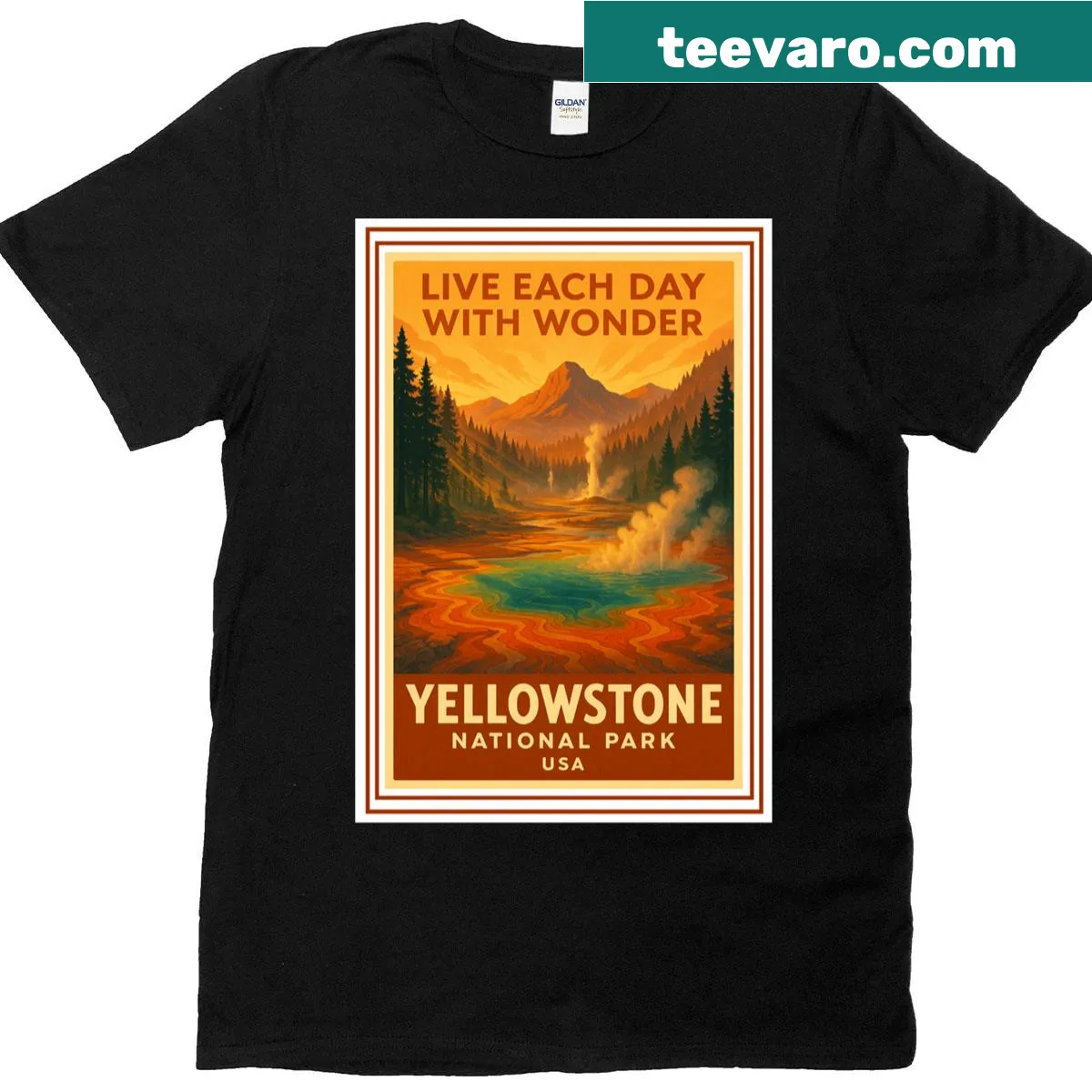 Illustrated Yellowstone National Park t-shirt with natural elements — on a men's t-shirt