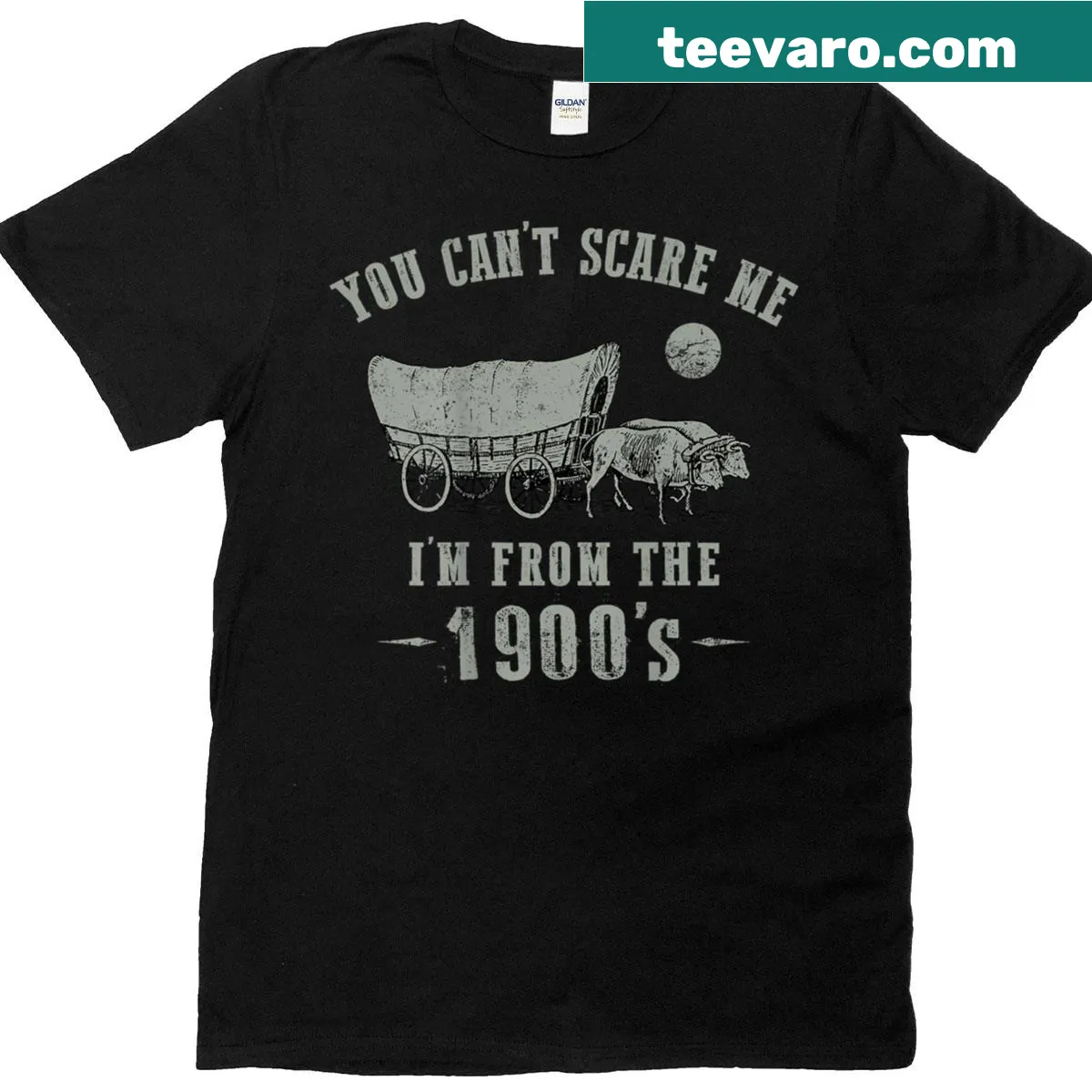 Vintage t-shirt featuring oxen covered wagon design — on a men's t-shirt