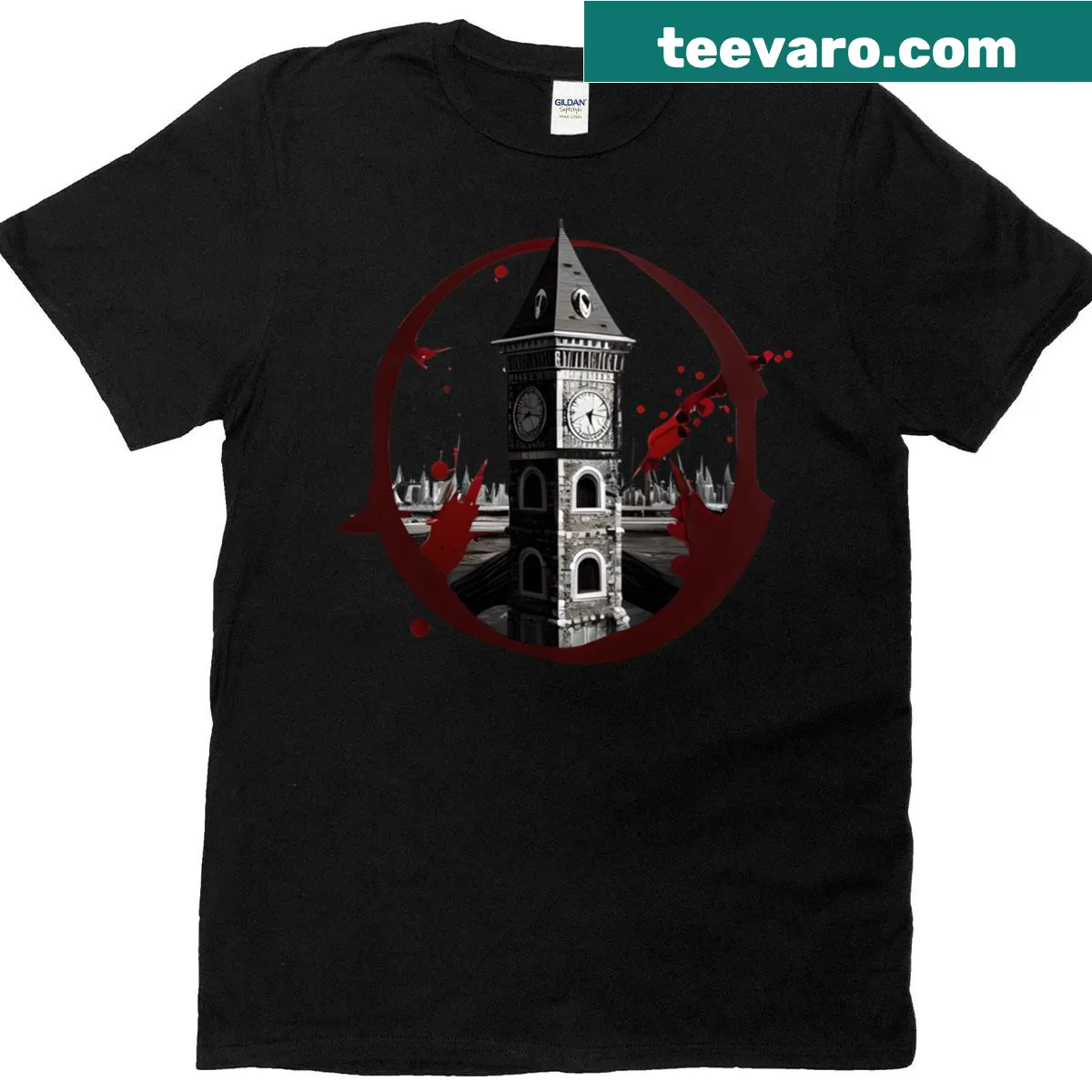 Blood-splattered clocktower graphic on a classic T-shirt — on a men's t-shirt