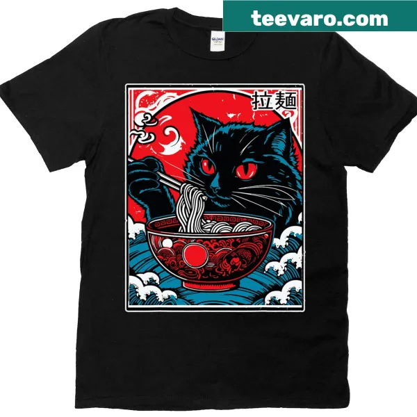 Cute cat enjoying ramen design on a kawaii anime t-shirt