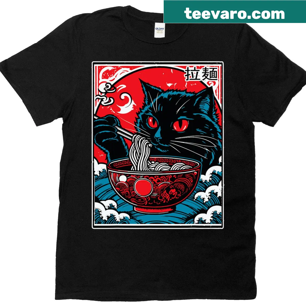 Cute cat enjoying ramen design on a kawaii anime t-shirt — on a men's t-shirt