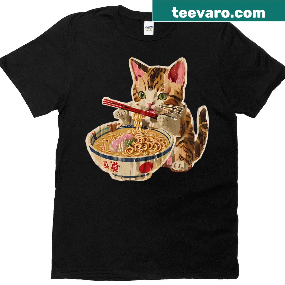 Kawaii T-shirt featuring an anime cat with ramen — on a men's t-shirt