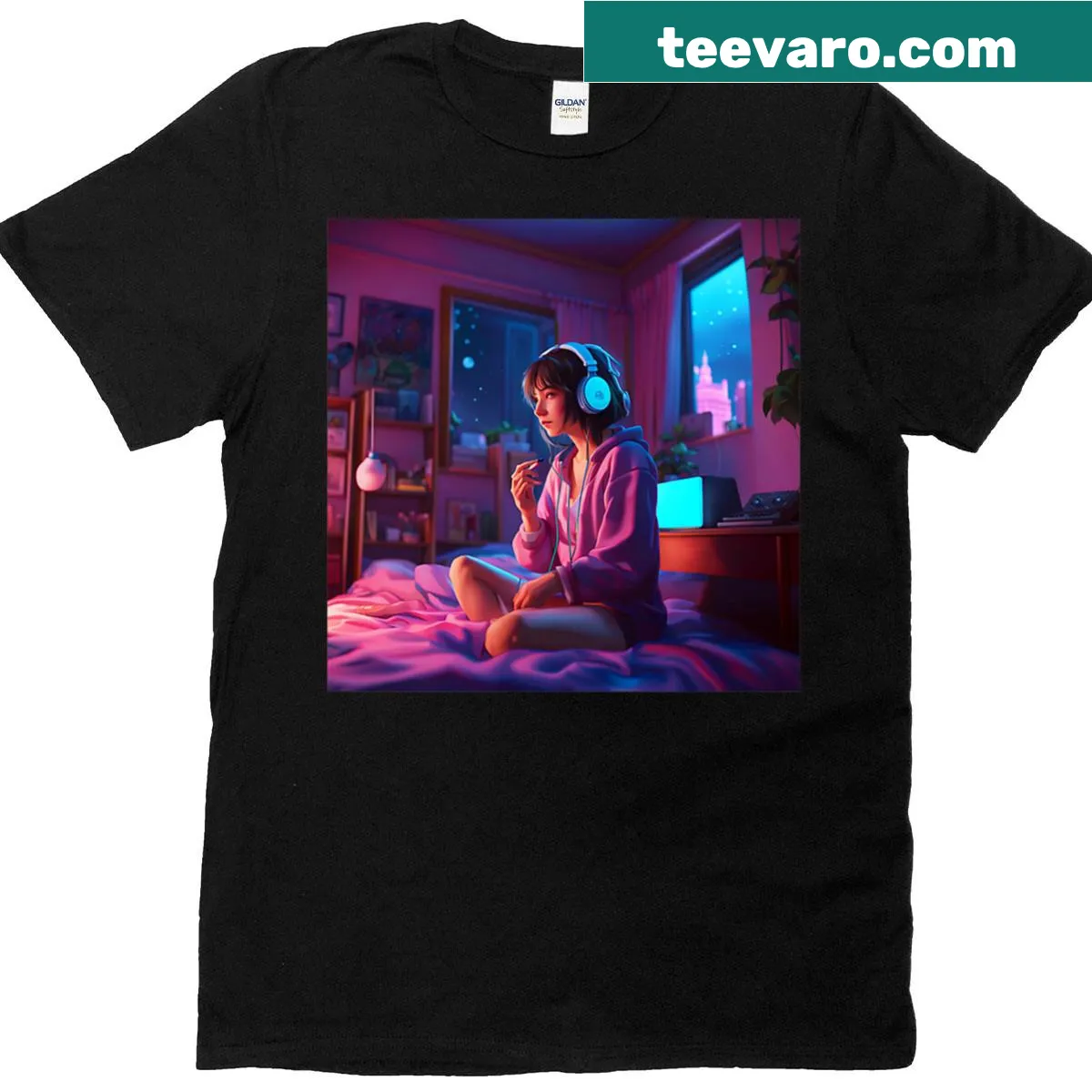 Anime girl graphic in vaporwave aesthetic on a classic t-shirt — on a men's t-shirt