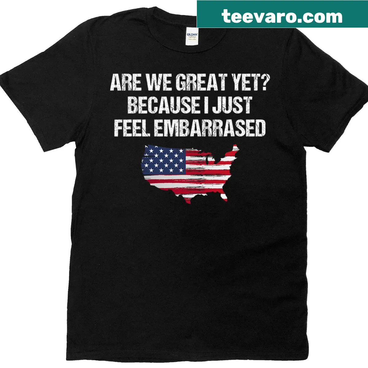 Sarcastic T-shirt with US flag and text about feeling embarrassed — on a men's t-shirt