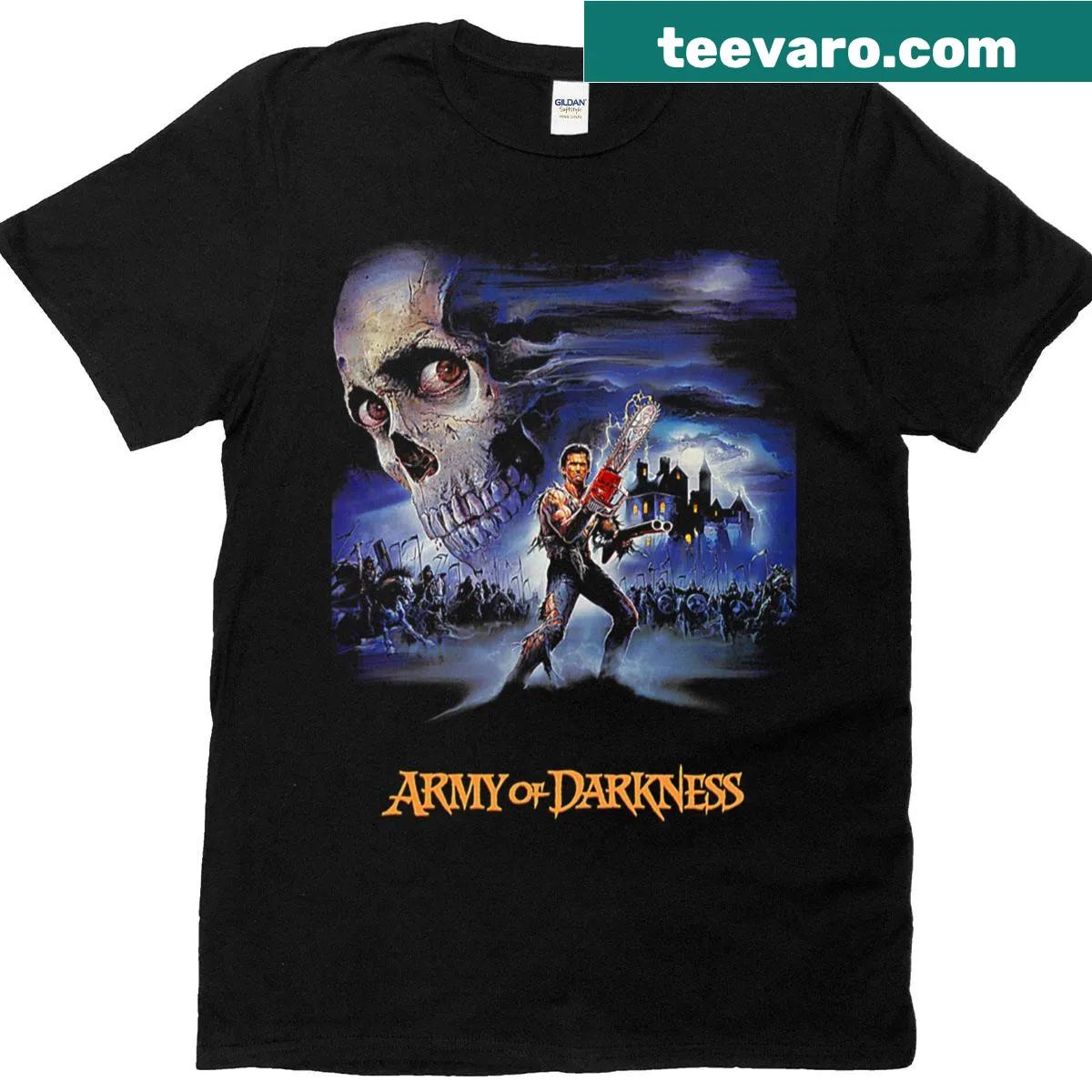 Vintage-inspired T-shirt featuring Army of Darkness poster art — on a men's t-shirt