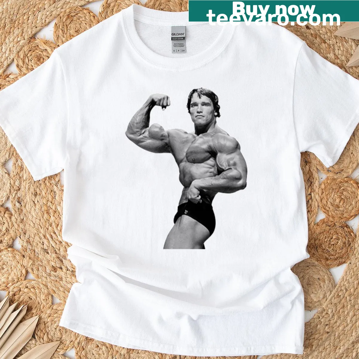 Nostalgic T-shirt featuring an illustration of Arnold Schwarzenegger — on a men's t-shirt
