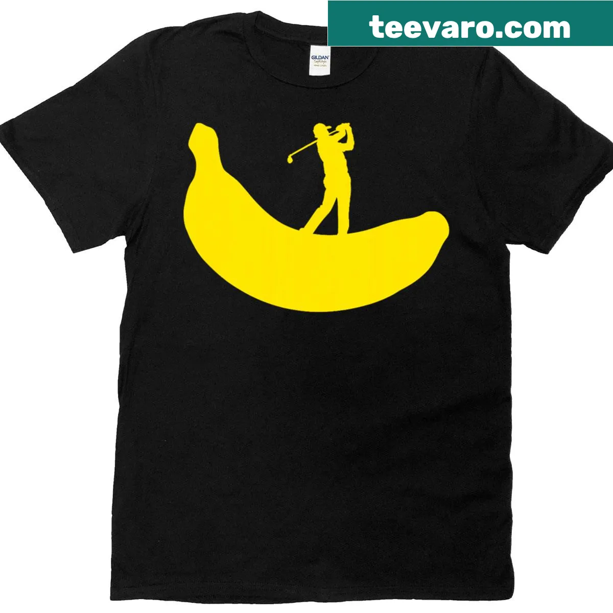 Funny golf tee featuring a banana holding a golf club for humor — on a men's t-shirt
