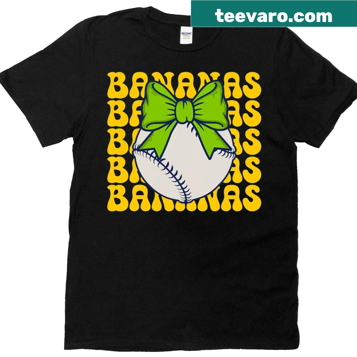 Cute T-shirt with a graphic of a coquette bow and bananas — on a men's t-shirt