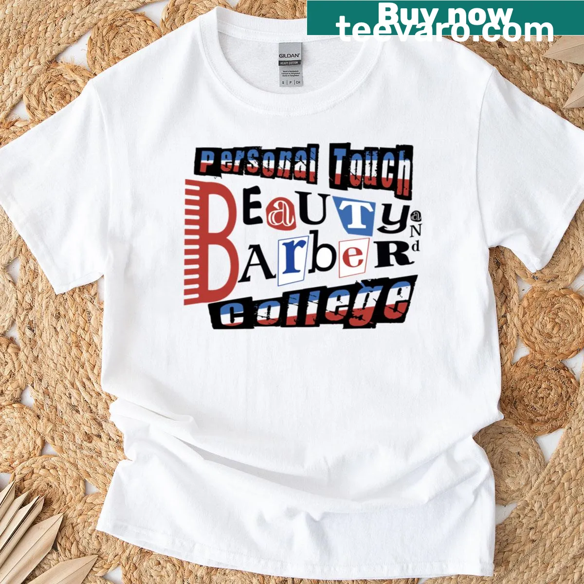Barber-themed classic t-shirt with badge-emblem design — on a men's t-shirt