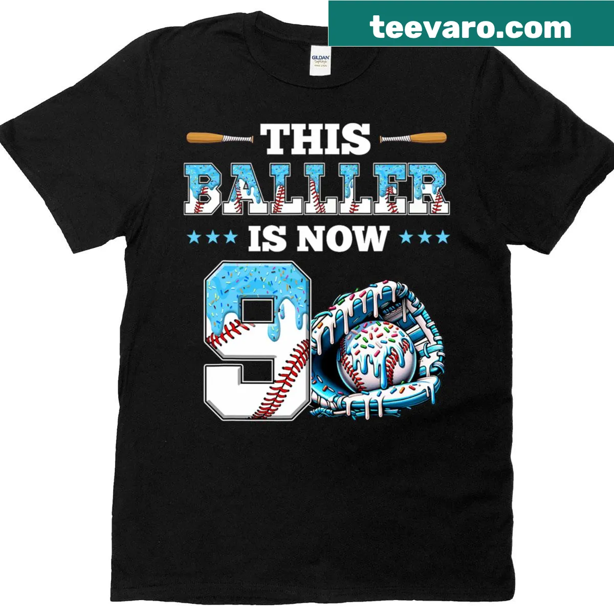 T-shirt with a playful baseball drip design for a 9th birthday — on a men's t-shirt