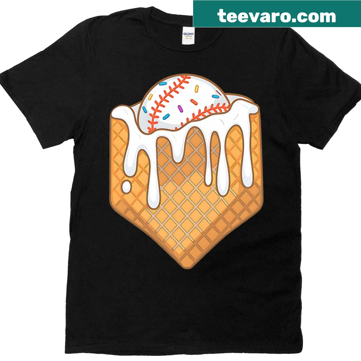 Fun T-shirt featuring baseball home plate and ice cream drip design — on a men's t-shirt