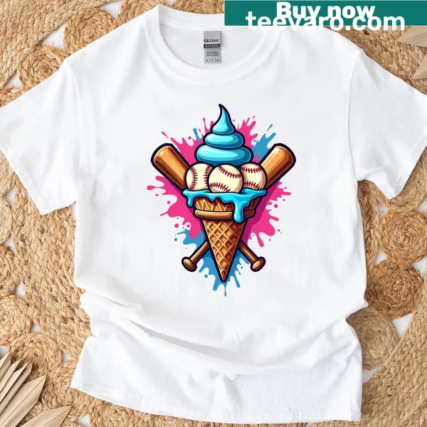 Playful watercolor T-shirt featuring baseball and ice cream cone design