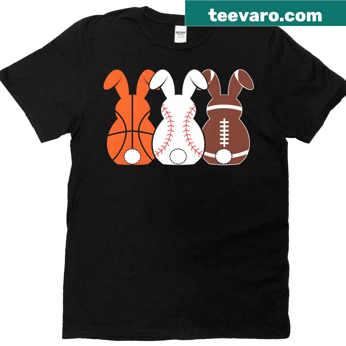 T-shirt with sports-themed illustrations and Easter bunnies — on a men's t-shirt