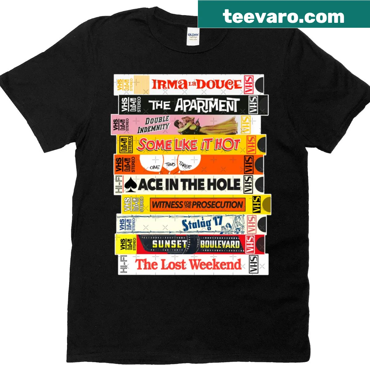 T-shirt with vintage-style graphic of VHS movie tapes — on a men's t-shirt