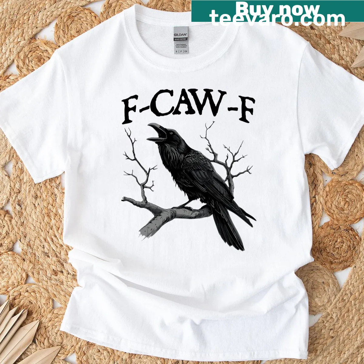 Funny black crow t-shirt with playful text about cawing — on a men's t-shirt
