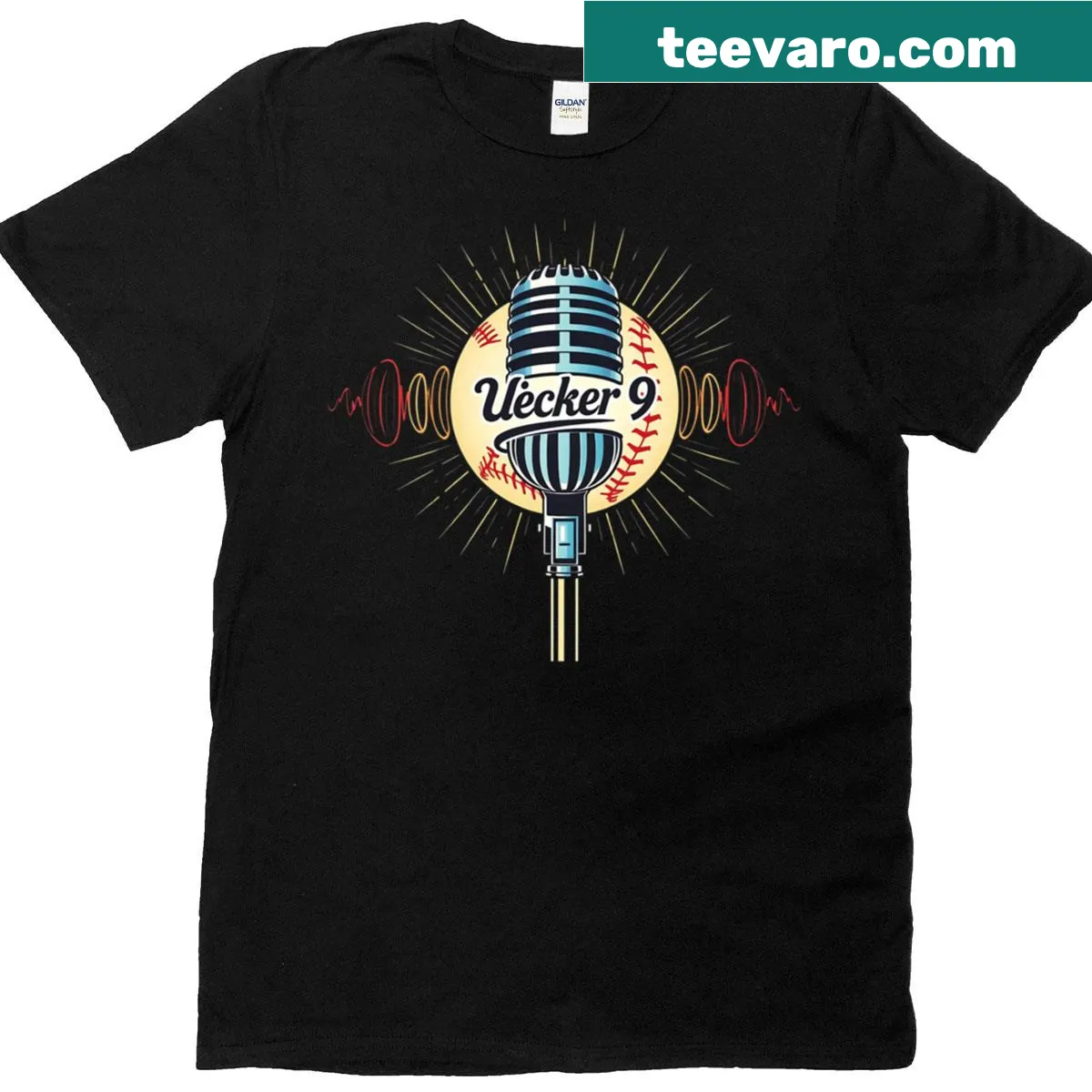 Illustrated T-shirt featuring Bob Uecker and baseball theme — on a men's t-shirt