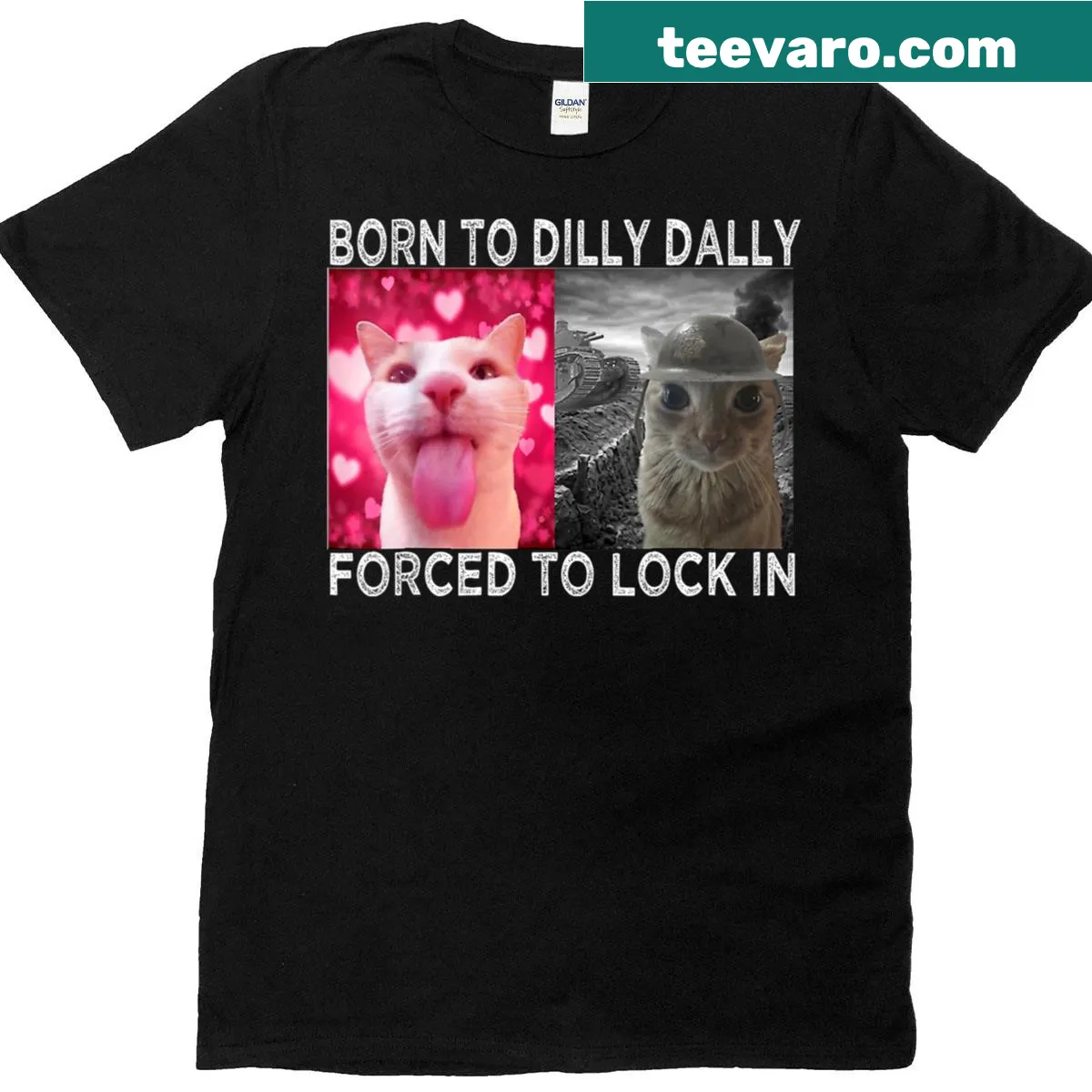 Funny cat meme T-shirt with humorous text about laziness — on a men's t-shirt