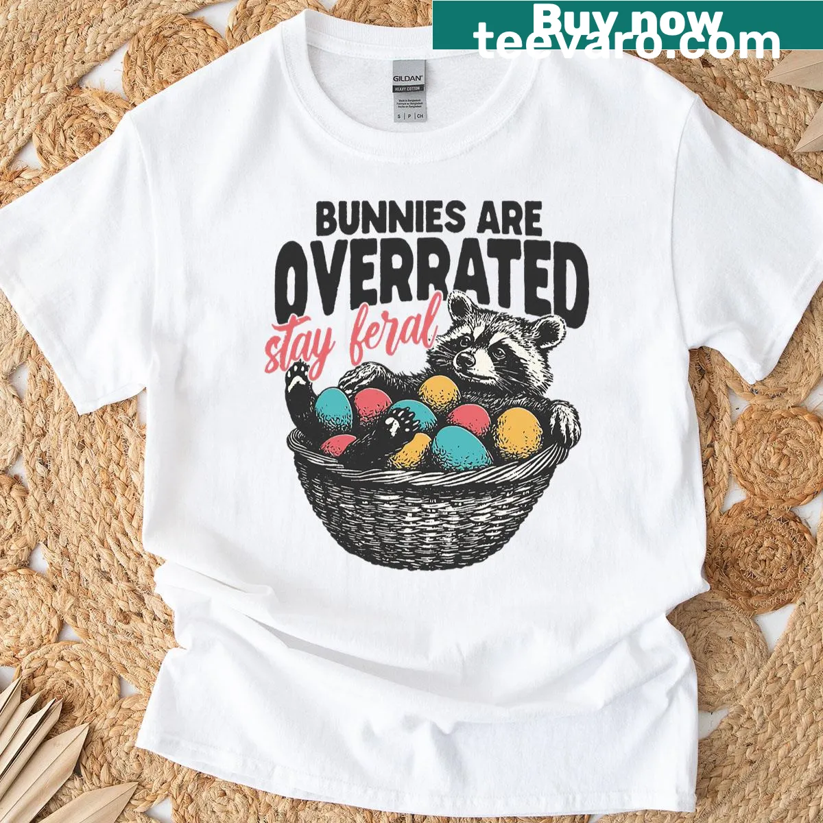 Funny Easter T-shirt featuring a raccoon and a humorous message — on a men's t-shirt