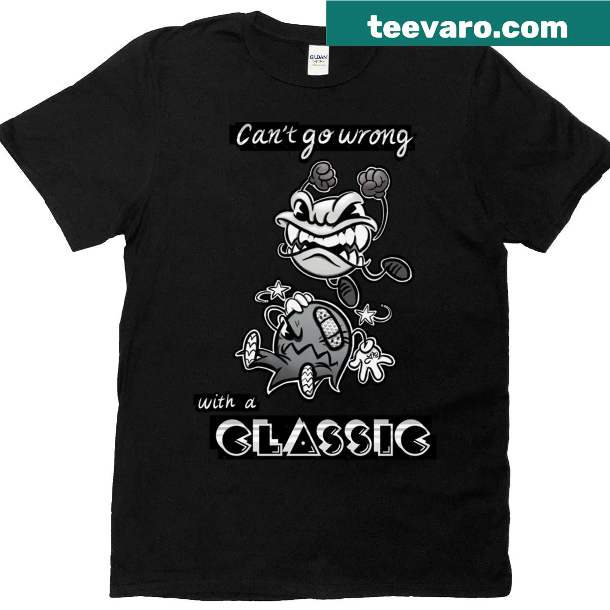 Classic typography shirt with the phrase 'Can't Go Wrong With A Classic' — on a men's t-shirt