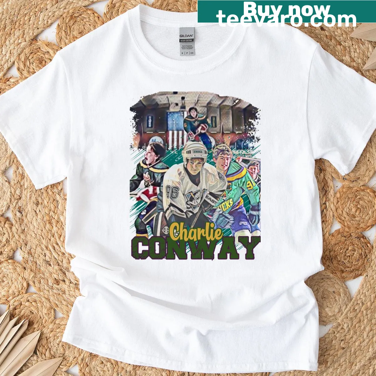 Vintage distressed Charlie Conway t-shirt honoring teamwork — on a men's t-shirt