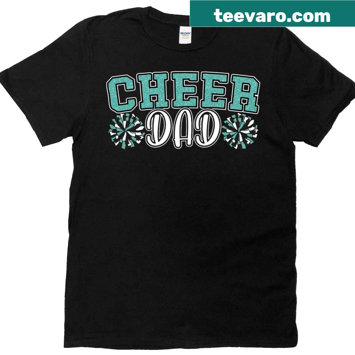 Teal blue shirt stating 'My Favorite Cheerleader Calls Me Dad' in bold typography — on a men's t-shirt