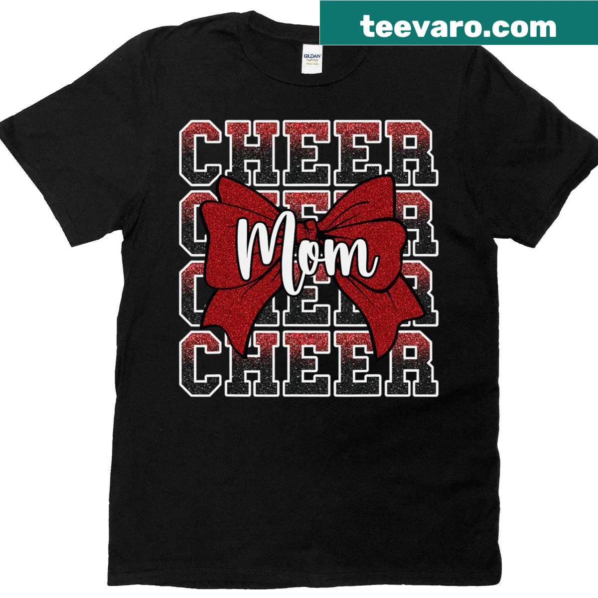 Red T-shirt for cheer moms featuring a bow and cheerleader design — on a men's t-shirt