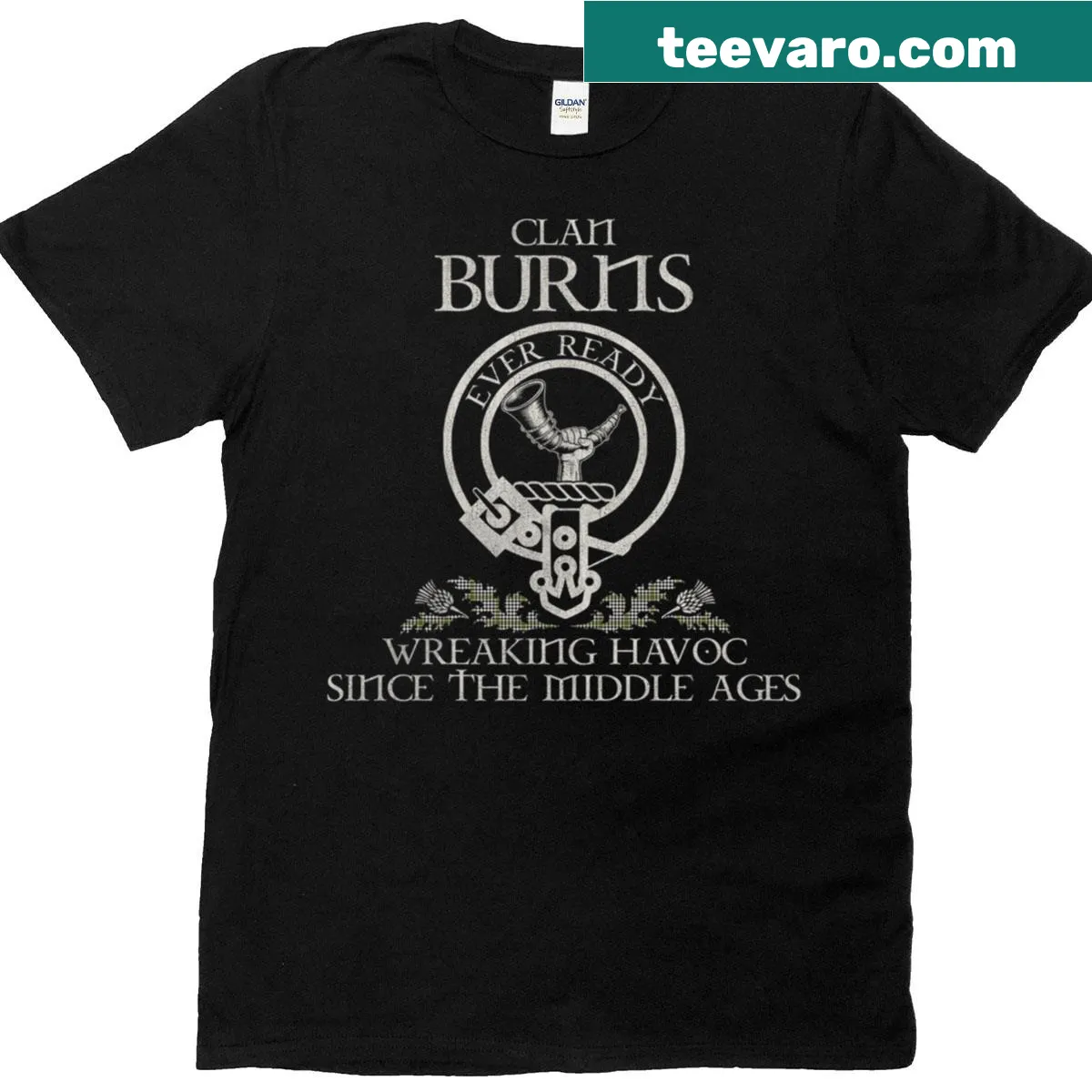 Vintage T-shirt with Clan Burns crest and tartan design — on a men's t-shirt