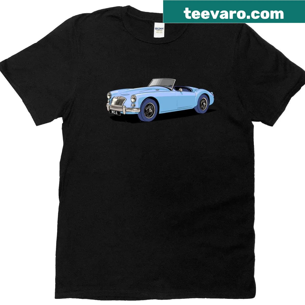 Vintage graphic T-shirt featuring a Classic MG MGA Roadster — on a men's t-shirt
