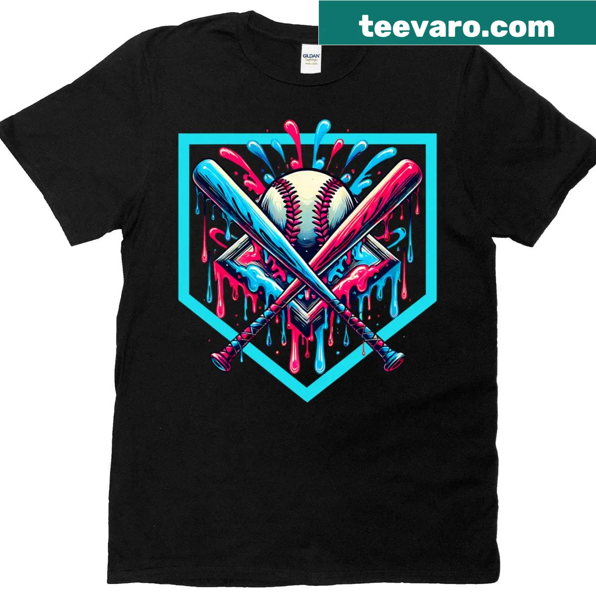 T-shirt featuring a drip-style home plate graphic for softball and baseball fans — on a men's t-shirt