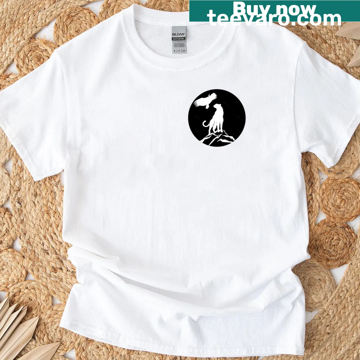 Funny cartoon t-shirt featuring a cougar and turkey vulture — on a men's t-shirt