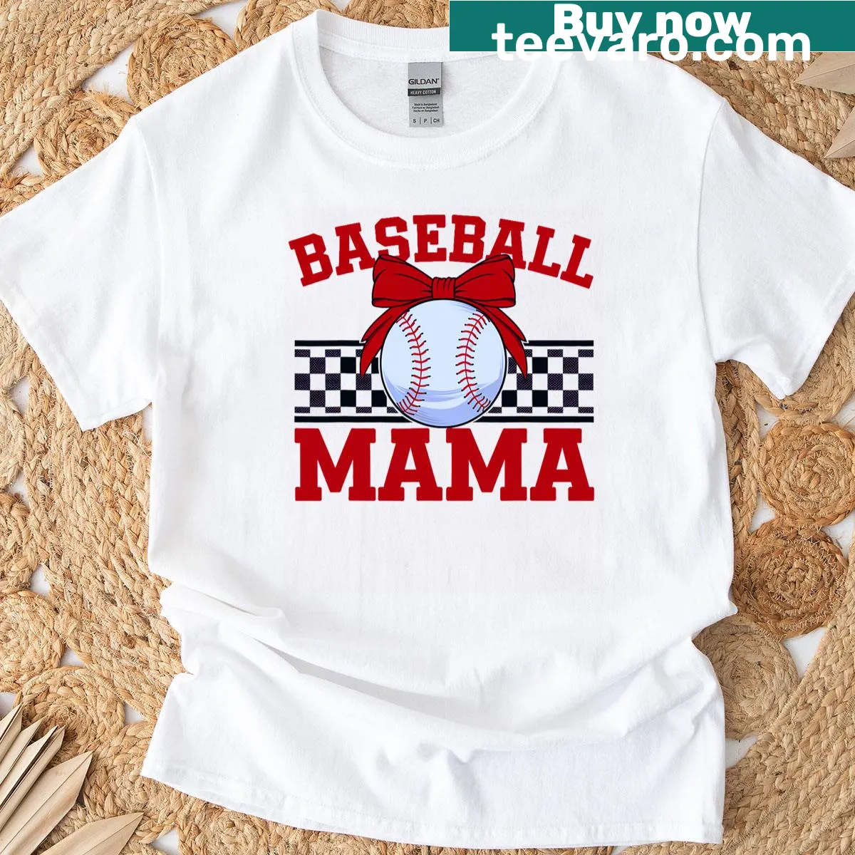 T-shirt with a cute baseball mama design featuring a red bow and plaid — on a men's t-shirt