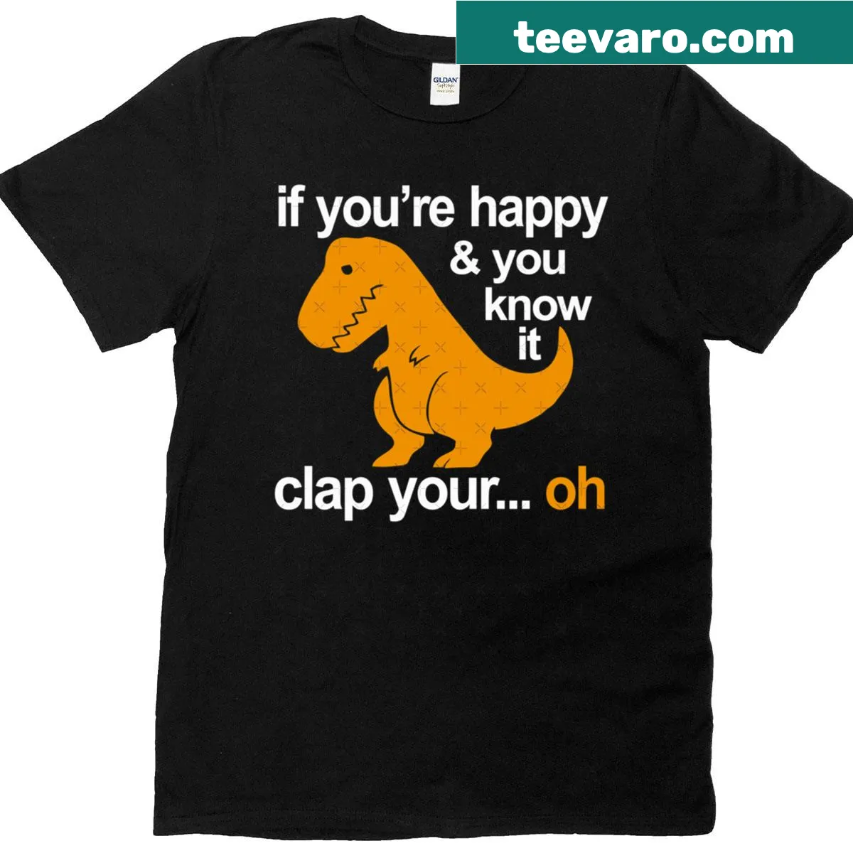 Playful T-rex graphic with clapping hands on a classic t-shirt — on a men's t-shirt