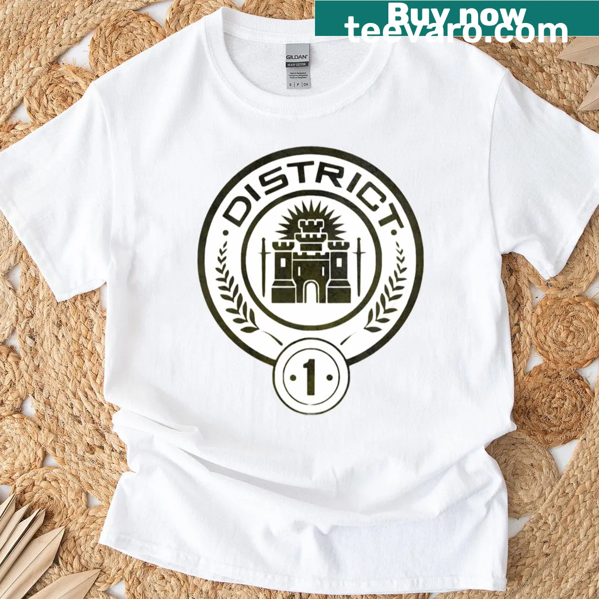 District 1 emblem seal on a classic T-shirt, centered graphic — on a men's t-shirt