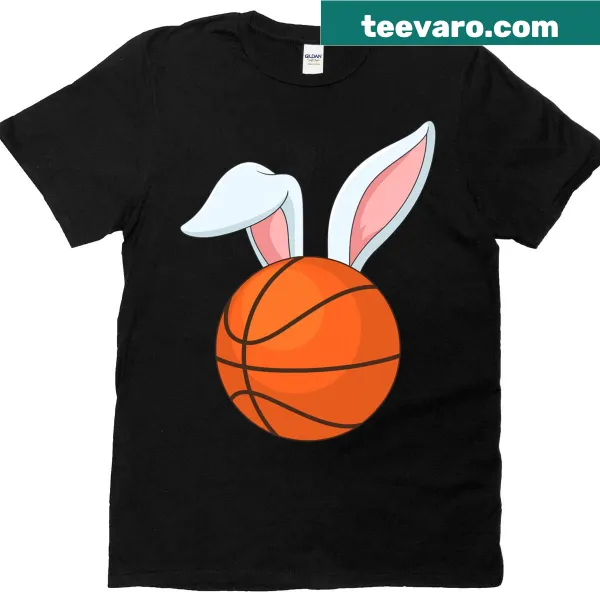 Cute cartoon rabbit with bunny ears playing basketball for Easter