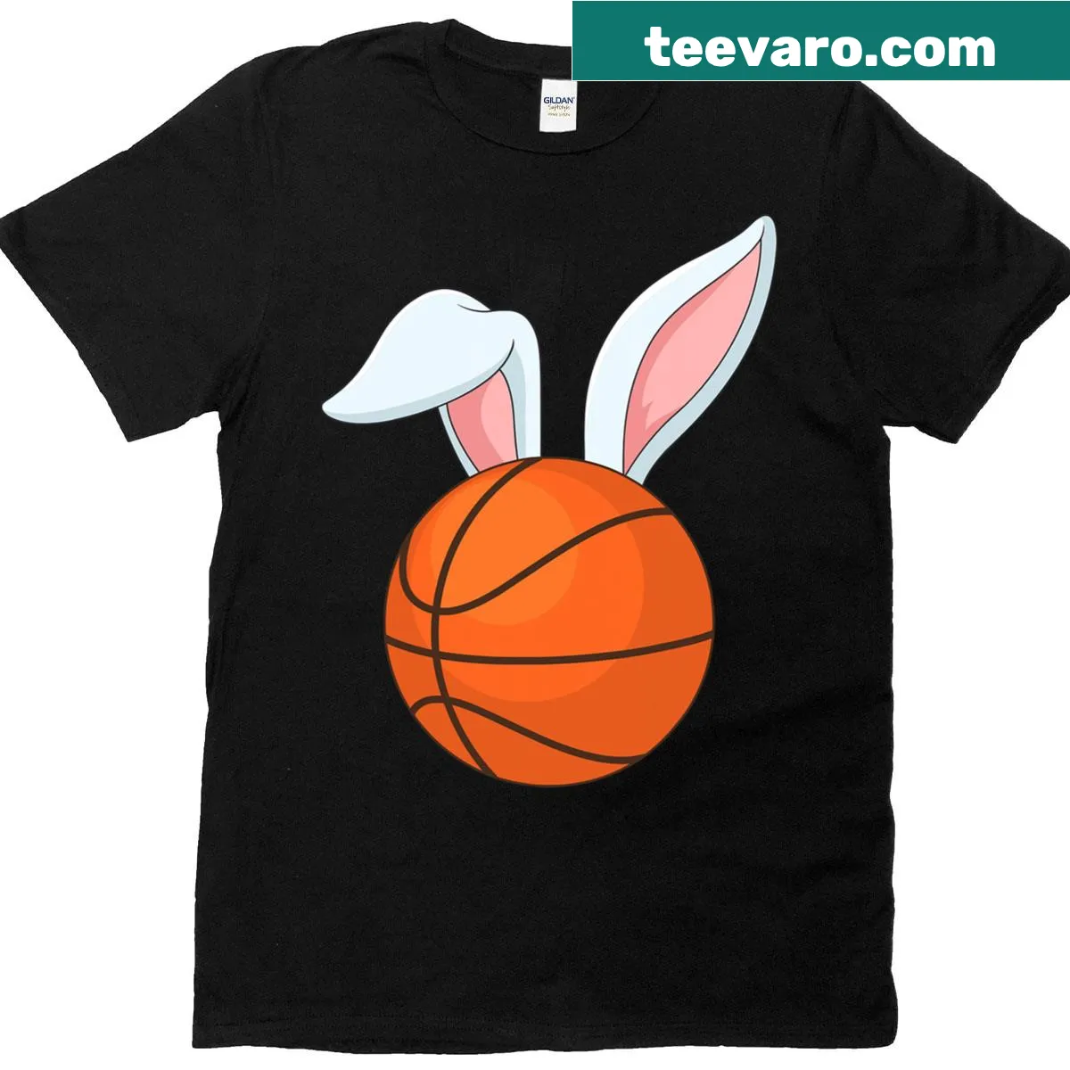 Cute cartoon rabbit with bunny ears playing basketball for Easter — on a men's t-shirt