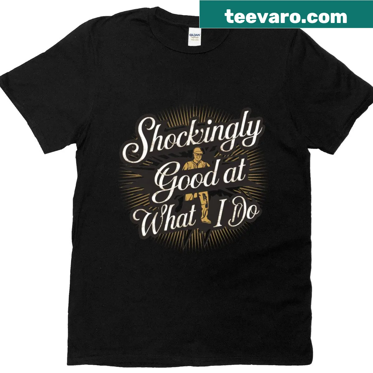 Funny electrician T-shirt declaring expertise in a humorous way — on a men's t-shirt