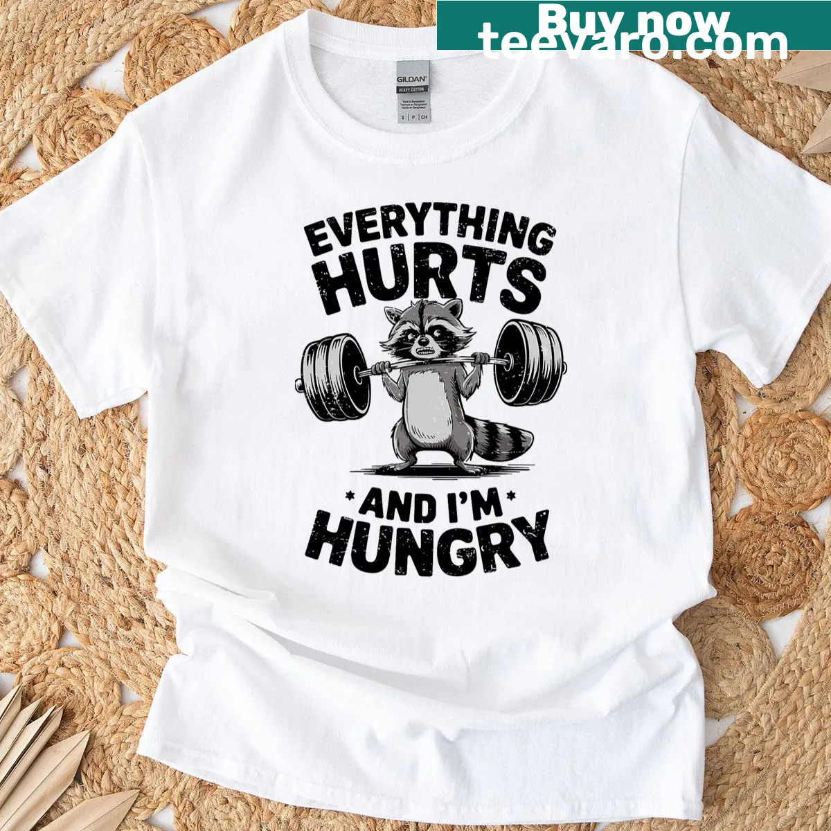 Vintage-style fitness tee with humorous text about hunger and soreness — on a men's t-shirt