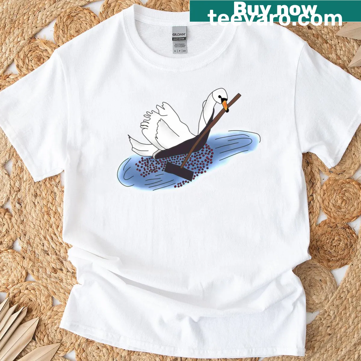 Whimsical farmer-themed T-shirt with a swan graphic — on a men's t-shirt