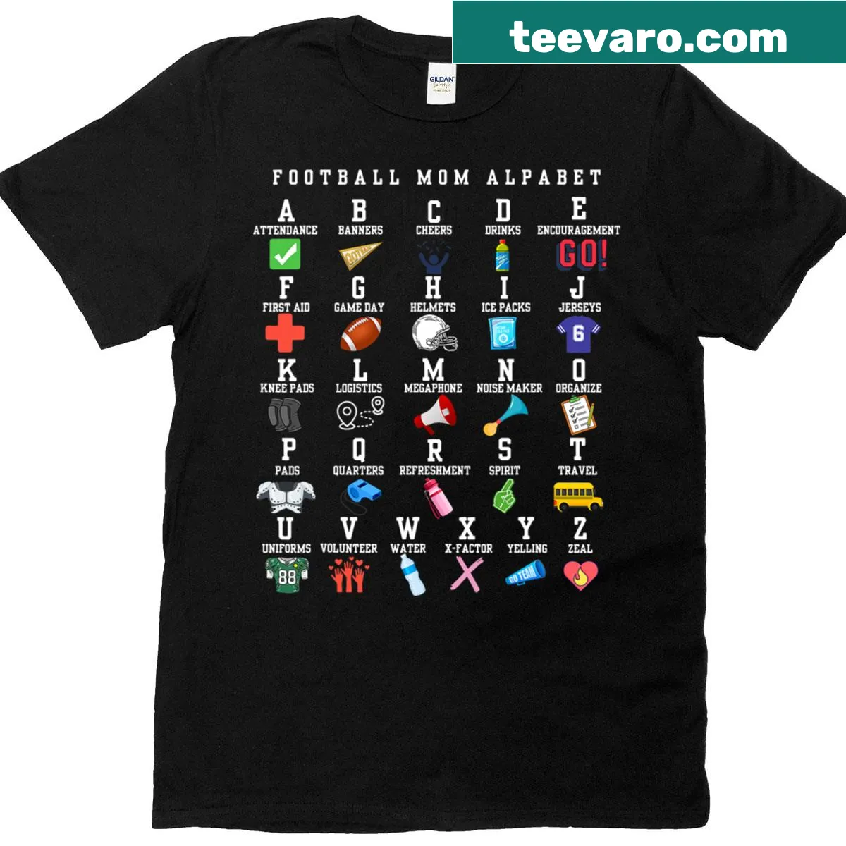 Sporty T-shirt for football moms featuring an alphabet theme — on a men's t-shirt