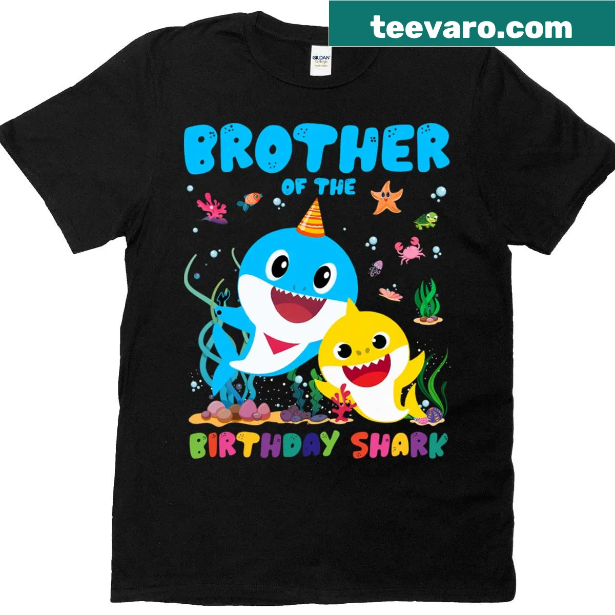 T-shirt with a cartoon shark and 'Brother of the Birthday Family' text — on a men's t-shirt