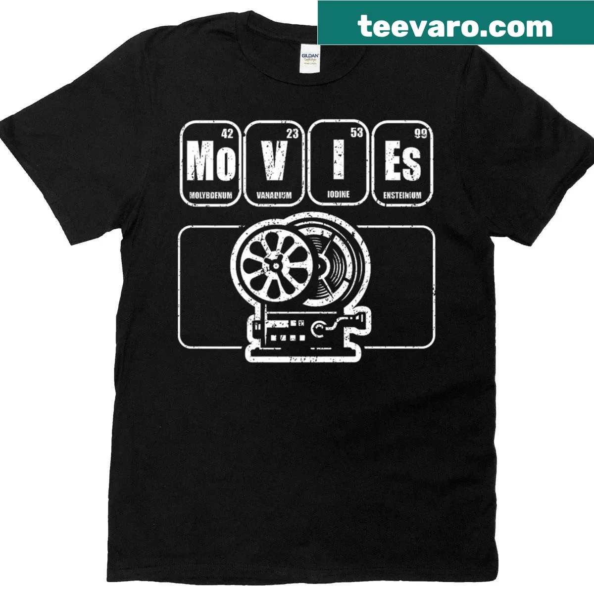 Clever graphic t-shirt combining film and periodic elements theme — on a men's t-shirt