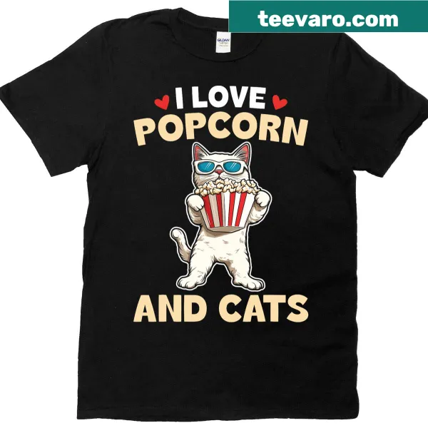 Humorous t-shirt featuring a love for popcorn and cats at the cinema