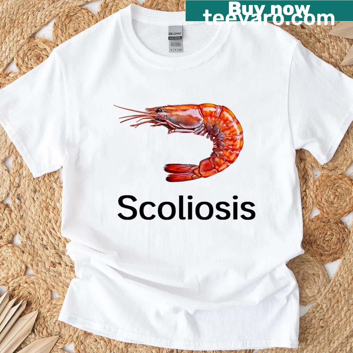 Humorous shrimp design depicting scoliosis on a t-shirt — on a men's t-shirt