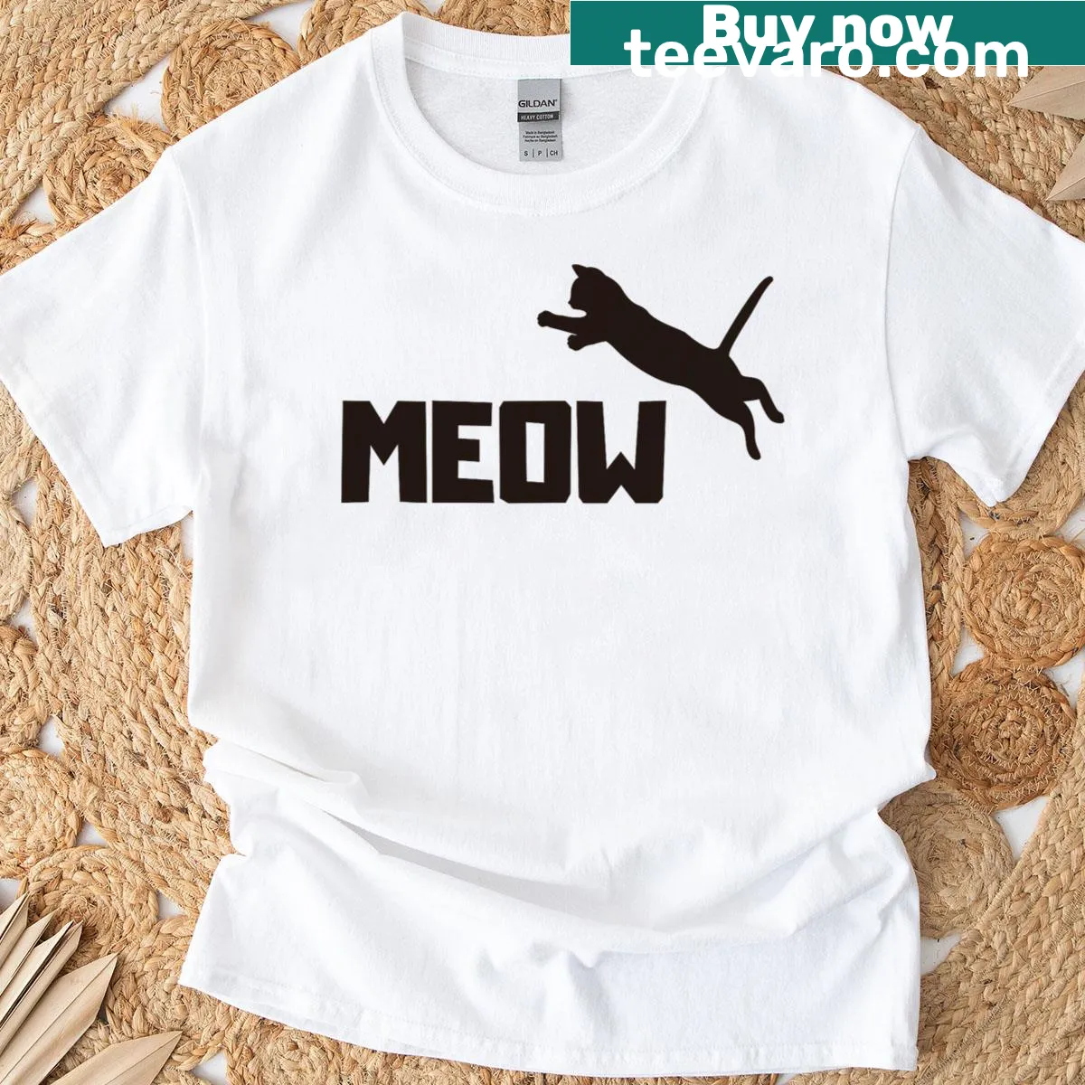 Humorous T-shirt with a jumping cat silhouette and 'Meow' text — on a men's t-shirt