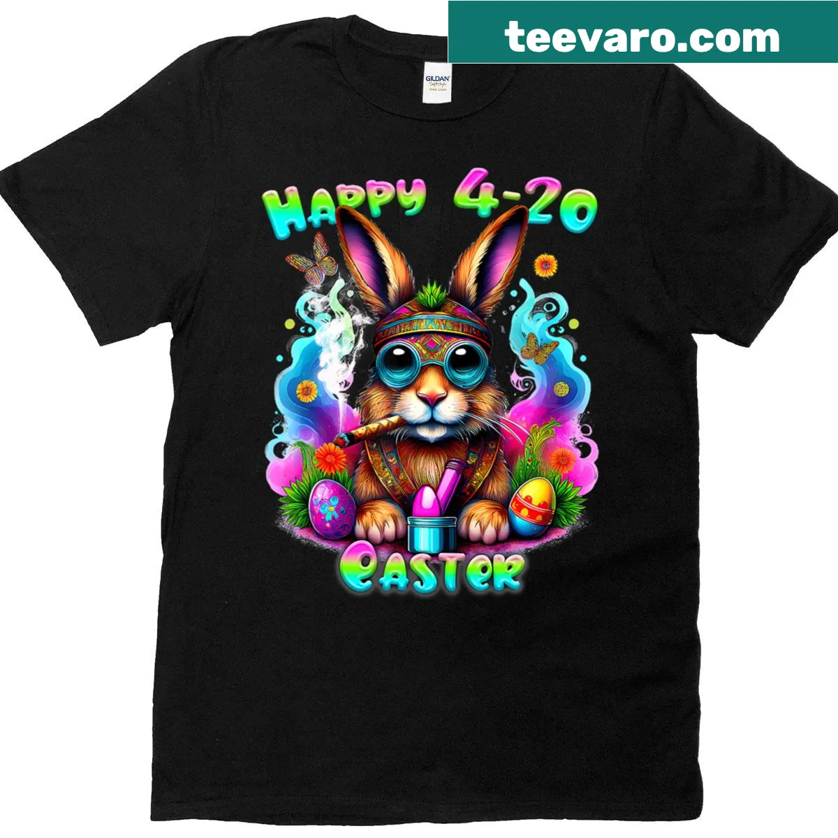 Funny Easter T-shirt featuring a bunny smoking weed — on a men's t-shirt