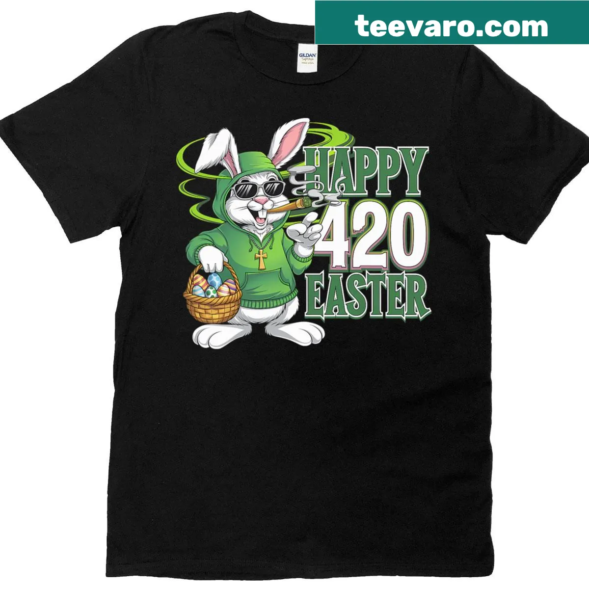 Funny Easter Bunny smoking weed graphic on a T-shirt — on a men's t-shirt