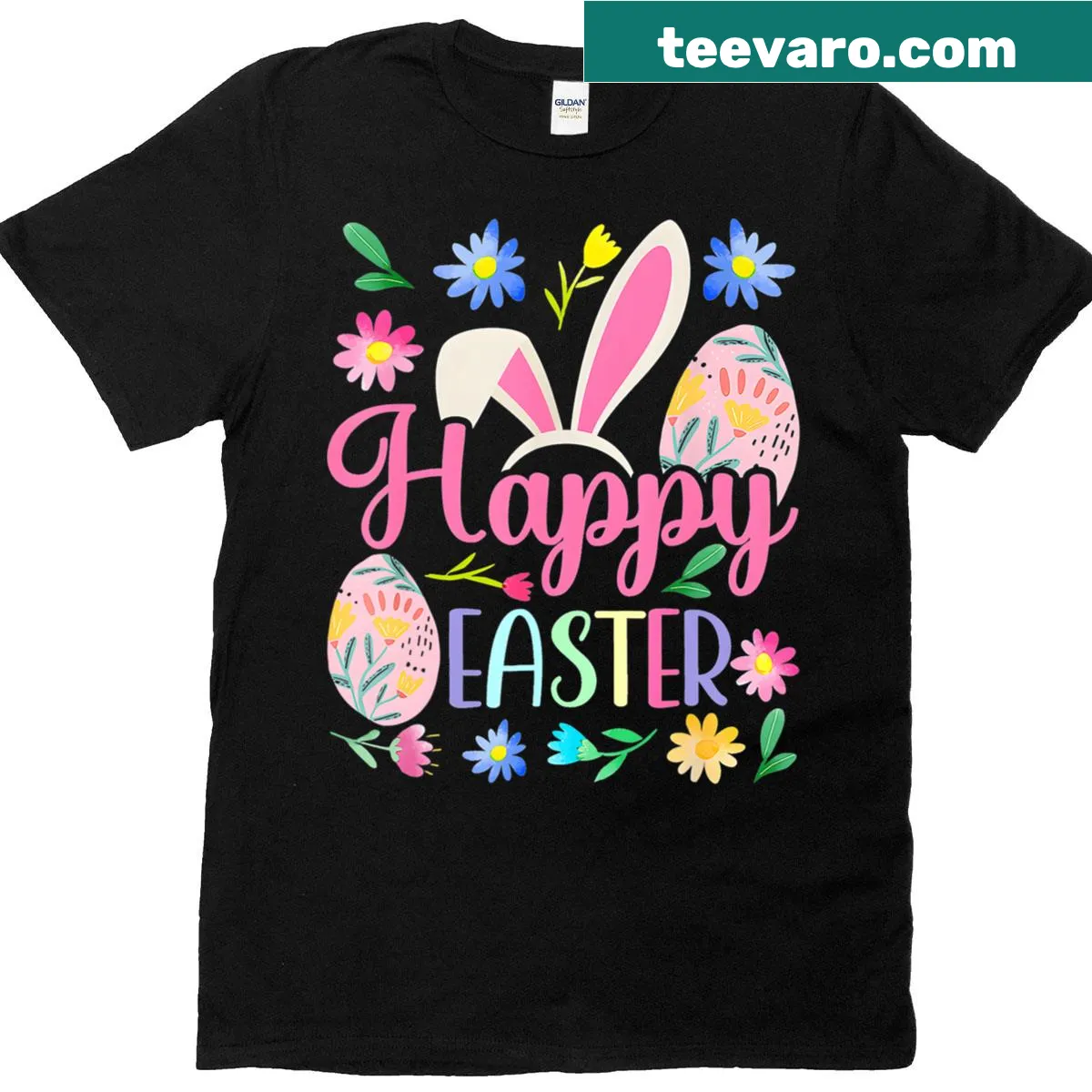 Charming Easter T-shirt featuring an illustration of a bunny and colorful eggs — on a men's t-shirt