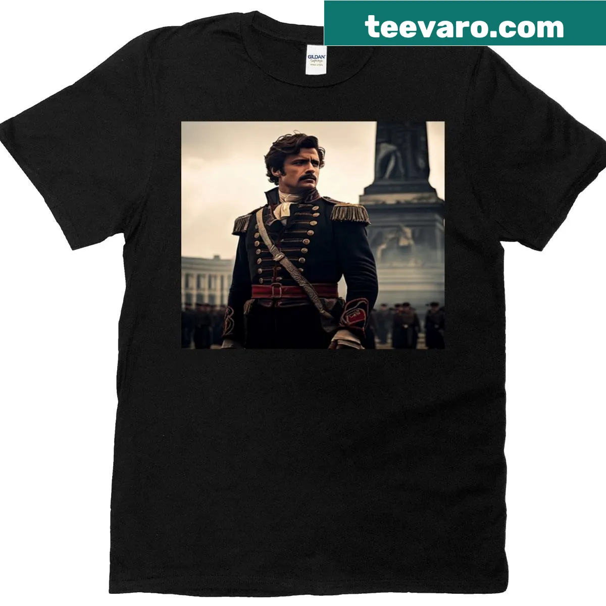 T-shirt featuring iconic imagery from historical films and biopics — on a men's t-shirt